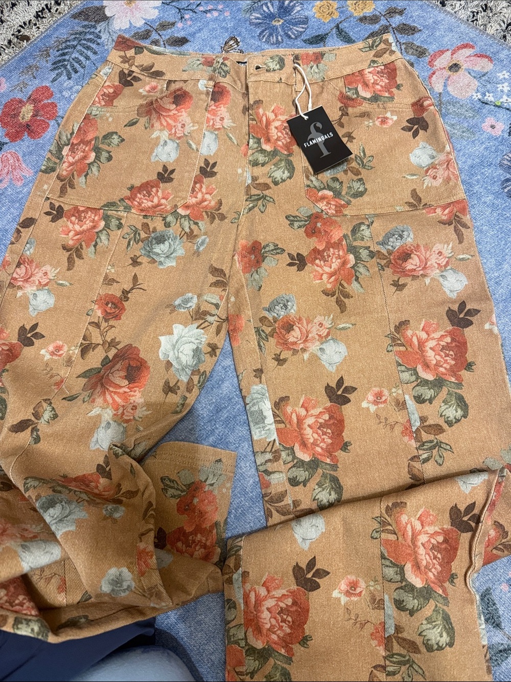 Flamingals Floral Straight-Leg Jeans in Tan